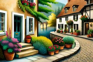 a painting of a street with flowers and houses. AI-Generated photo