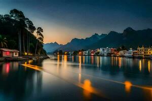 a river at dusk with houses and mountains in the background. AI-Generated photo