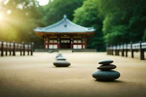 stones in the sand near a pagoda. AI-Generated photo