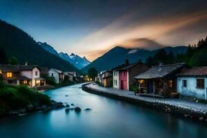 un río carreras mediante un pueblo a puesta de sol. generado por ai foto