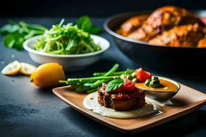 un plato de comida con carne, vegetales y salsa. generado por ai foto