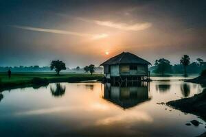 the sun rises over a small hut in the middle of a lake. AI-Generated photo