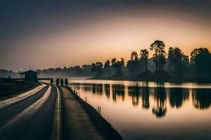 a road leading to a lake at sunrise. AI-Generated photo