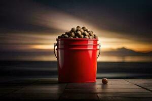 a red bucket filled with nuts on a wooden table. AI-Generated photo