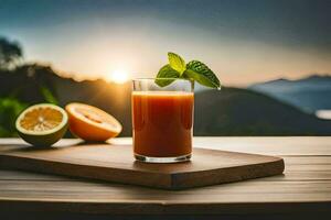 un vaso de naranja jugo con un rebanada de naranja y menta en un de madera mesa. generado por ai foto