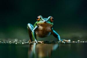 a frog is standing on the water surface. AI-Generated photo