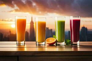 four glasses of juice with the city in the background. AI-Generated photo