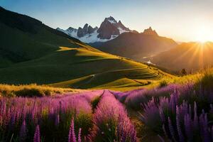 the sun rises over the mountains and flowers in the foreground. AI-Generated photo