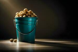 a bucket filled with peanuts on a table. AI-Generated photo