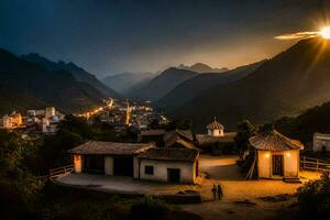 el Dom conjuntos terminado un pueblo en el montañas. generado por ai foto