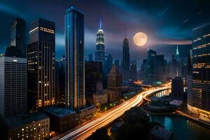 el ciudad horizonte a noche con un lleno Luna. generado por ai foto