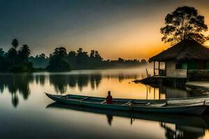 a man sits in a boat on the water at sunrise. AI-Generated photo