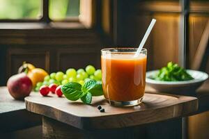 un vaso de jugo se sienta en un de madera mesa. generado por ai foto