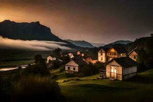 un pueblo en el montañas con un puesta de sol. generado por ai foto