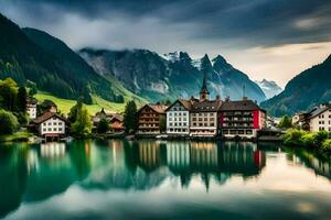 photo wallpaper mountains, lake, house, switzerland, the alps, switzerland, the. AI-Generated