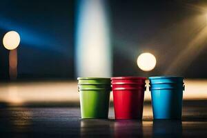 three colorful plastic cups on a wooden floor. AI-Generated photo