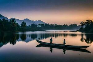 two people in a boat on a lake at sunrise. AI-Generated photo