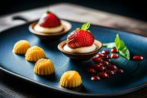 three desserts on a black plate. AI-Generated photo