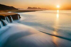 un cascada fluye dentro el Oceano a puesta de sol. generado por ai foto