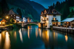 a river in the mountains at night with houses and boats. AI-Generated photo