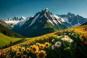 the flowers in the meadow are beautiful and the mountains are beautiful. AI-Generated photo