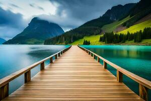 a wooden bridge leads to a lake and mountains. AI-Generated photo