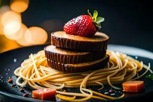 a plate of spaghetti with chocolate and strawberries. AI-Generated photo