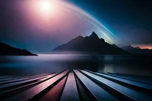 a lake and mountains in the background. AI-Generated photo