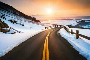 a road in the snow with the sun setting behind it. AI-Generated photo