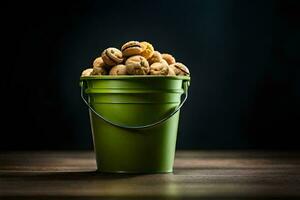 nueces en un verde Cubeta en un oscuro antecedentes. generado por ai foto