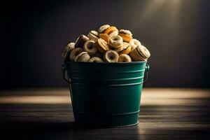 a bucket filled with cookies on a table. AI-Generated photo