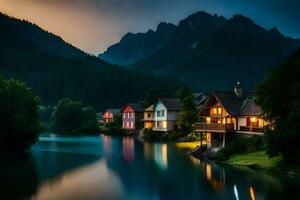 photo wallpaper the sky, mountains, lake, house, the night, the mountains, the river. AI-Generated