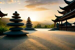 a zen garden with stone statues and a sunset. AI-Generated photo