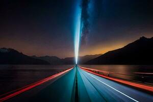 un largo exposición fotografía de un coche conducción en un autopista a noche. generado por ai foto