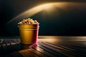 a bucket of peanuts on a wooden table. AI-Generated photo