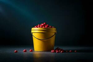 a bucket filled with red cherries on a dark background. AI-Generated photo