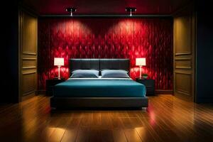 a bedroom with red walls and wooden floors. AI-Generated photo