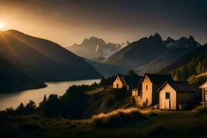 photo wallpaper the sky, mountains, lake, house, sunset, the mountains, the lake,. AI-Generated