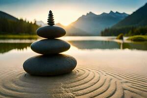 a stack of rocks sits on the shore of a lake. AI-Generated photo