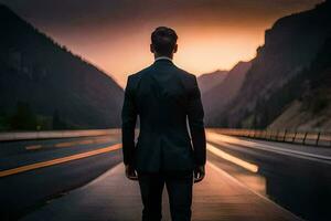 a man in a suit standing on the road at sunset. AI-Generated photo