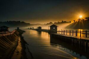 el Dom sube terminado un río y de madera muelle. generado por ai foto