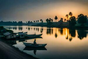 a man is sitting on a boat in the water at sunset. AI-Generated photo