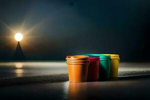 three colorful cups sit on a dark floor. AI-Generated photo