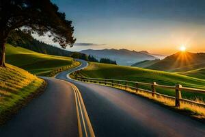 el Dom sube terminado un devanado la carretera en el montañas. generado por ai foto