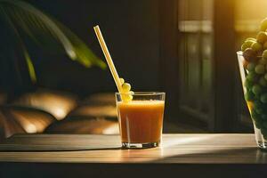 a glass of juice with a straw and grapes. AI-Generated photo