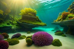 an underwater scene with colorful plants and coral. AI-Generated photo