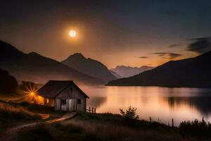 un pequeño cabina se sienta en el apuntalar de un lago a puesta de sol. generado por ai foto