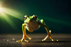 a frog is standing on a dark background. AI-Generated photo