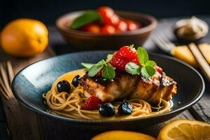 a plate of food with pasta, strawberries and blueberries. AI-Generated photo