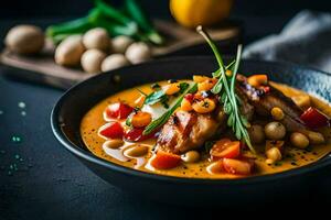 chicken curry with chickpeas and vegetables in a bowl. AI-Generated photo
